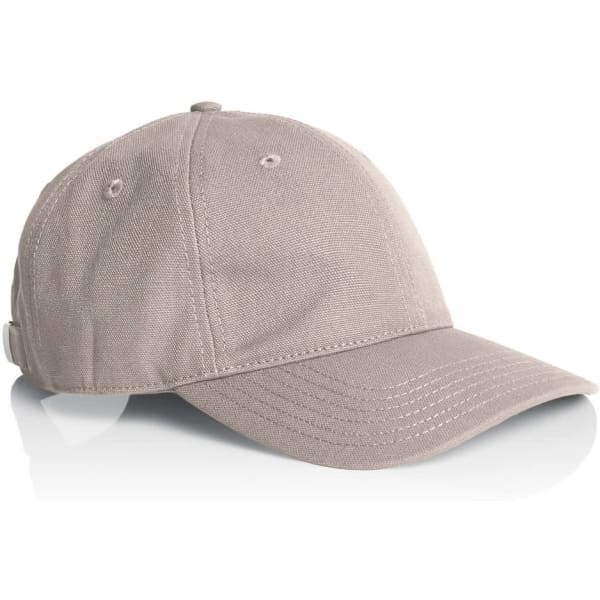 A beige canvas cap with a curved brim and a small logo patch on the side.
