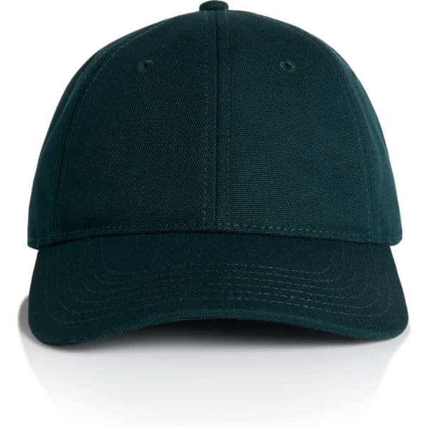 A dark green cap featuring a curved brim and a fitted design, with stitching details and a branding logo.