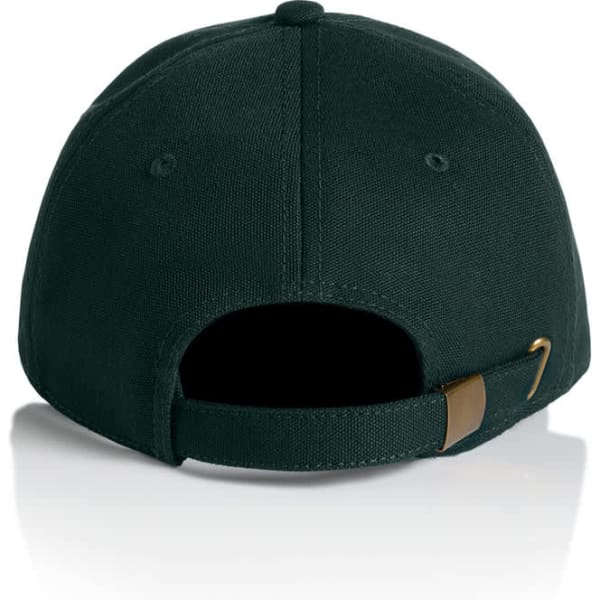 A dark green cap featuring a rear strap and a logo, designed for casual headwear.