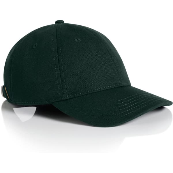 A dark green cap with a curved brim and an adjustable strap, featuring a logo on the side.