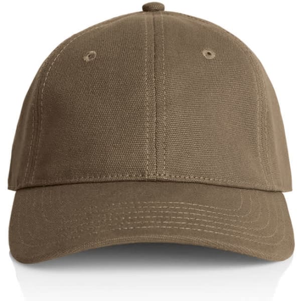 A khaki cap with a structured front and ventilation holes, featuring a simple logo on the side.