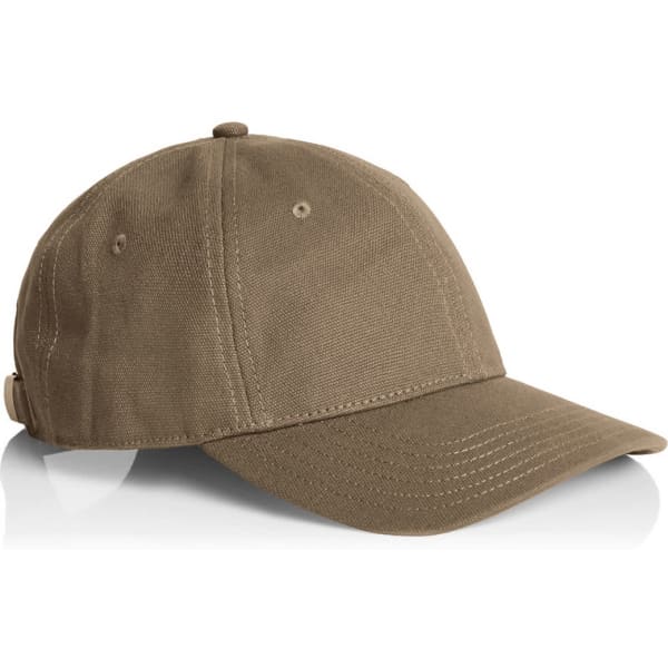 A khaki cap with a structured crown and curved brim, featuring an adjustable strap and a logo.