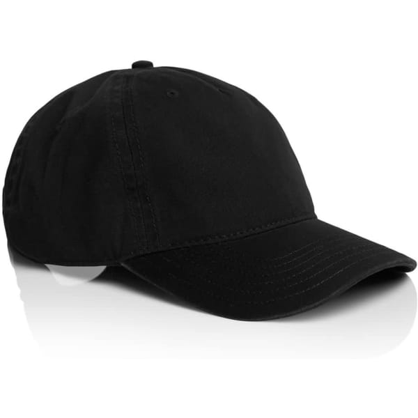 A black five-panel cap with a curved brim and an adjustable strap. Features a logo on the side.