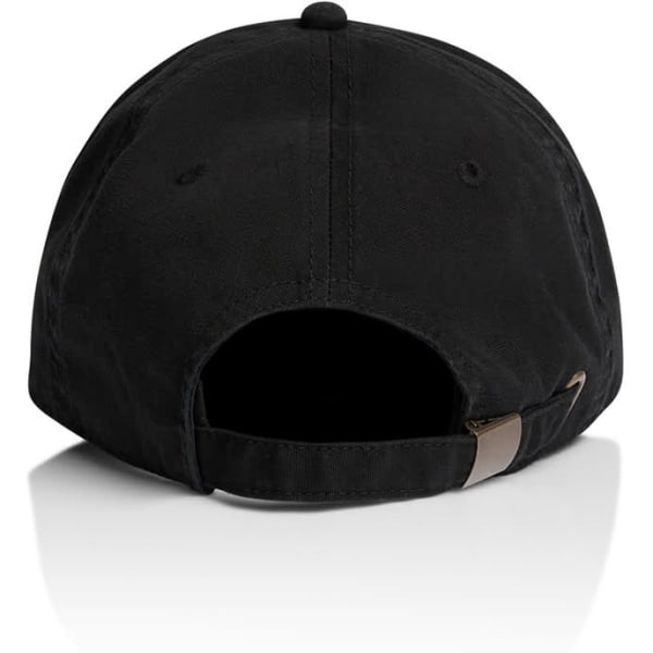 A black five panel cap with an adjustable strap at the back and a small logo on the side.