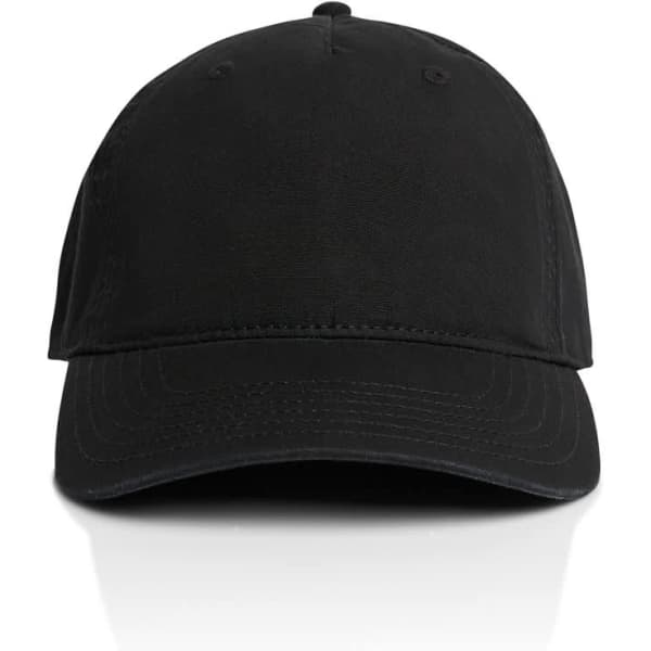 A black five-panel cap with a curved brim and an adjustable strap at the back, featuring a subtle logo.