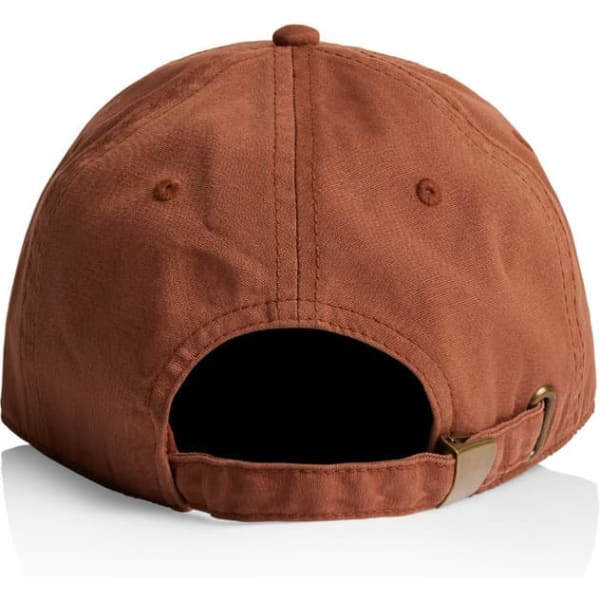 A brown five-panel cap featuring a curved peak and an adjustable strap at the back. Includes a logo on the side.