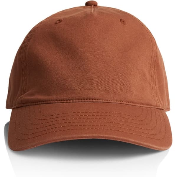 A brown five-panel cap with a curved brim and a fitted design; features a logo on the front.