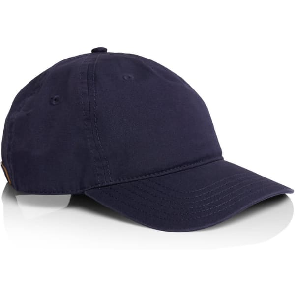 A navy five-panel cap featuring a curved brim and a branded tag on the side.
