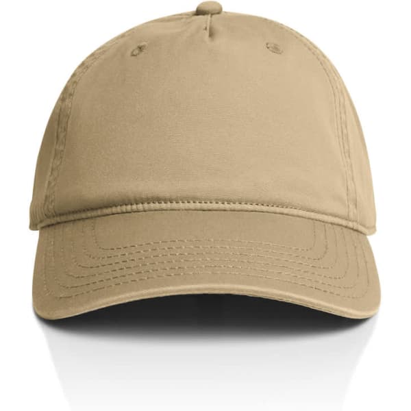 A khaki five panel cap featuring a logo on the front and stitched detailing on the peak.