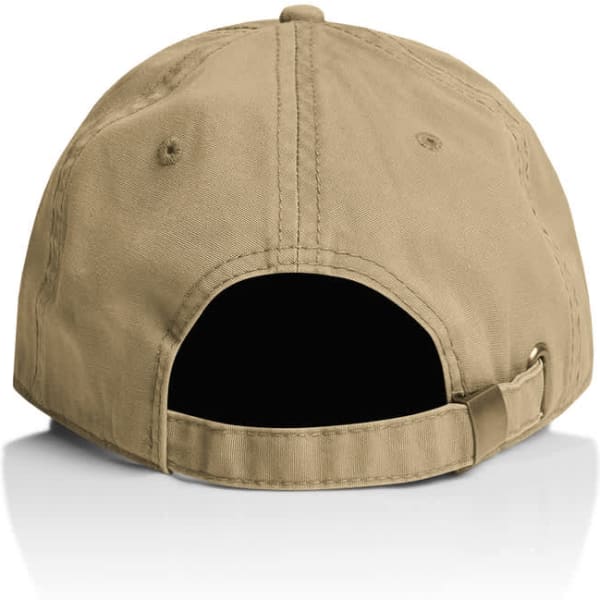 A tan five-panel cap featuring a rear adjustable strap and an interior lining, with a branding logo present.