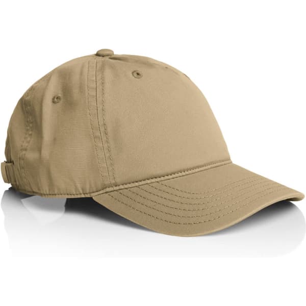 A beige five panel cap with a curved brim and an adjustable strap at the back, featuring a logo.