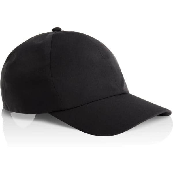 A black cap with a curved brim and a rounded crown, featuring a small logo on the side.