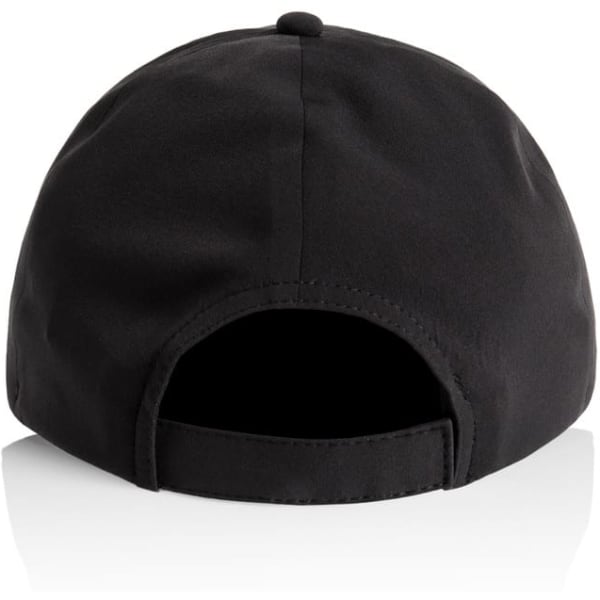 A black cap with a rounded back and an adjustable strap, featuring a logo.