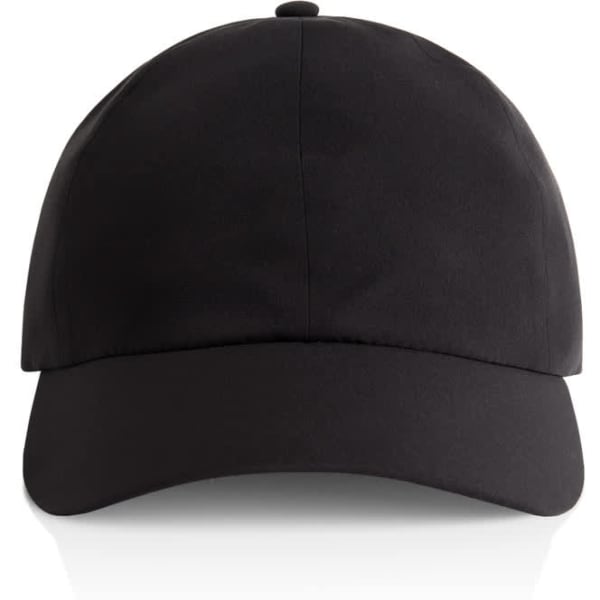 A black cap with a curved brim and a logo on the front, featuring a structured design and adjustable strap.