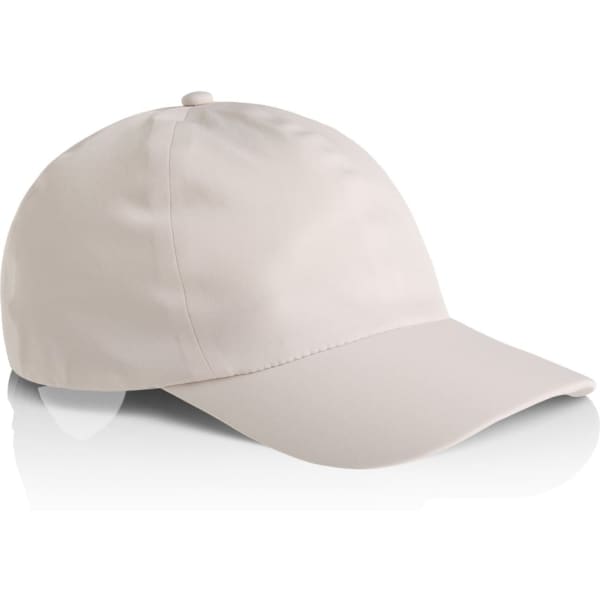A beige cap with a rounded crown and a curved brim, featuring a logo on the front.