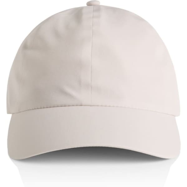 A beige cap featuring a curved brim and a smooth fabric surface, with a logo on the front.
