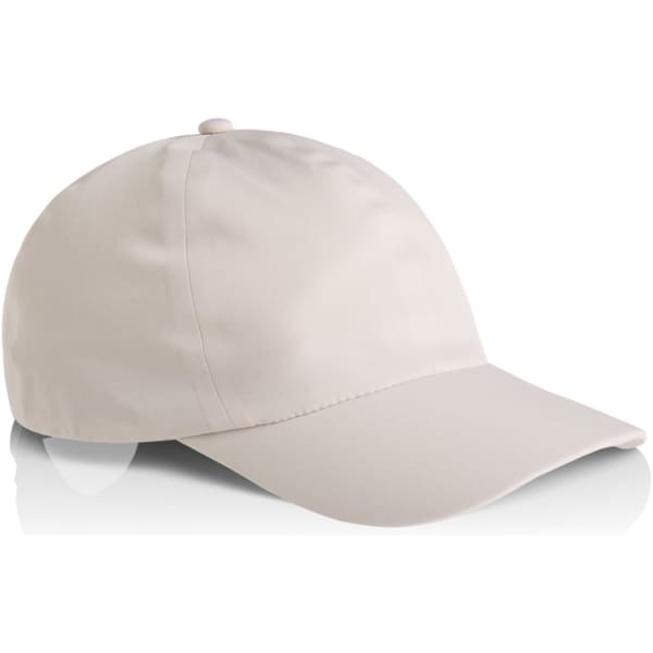 A beige cap with a rounded crown and a stiff visor, featuring a branding logo.