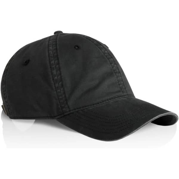 A black faded cap with a curved brim and a logo on the side, displayed at an angle.