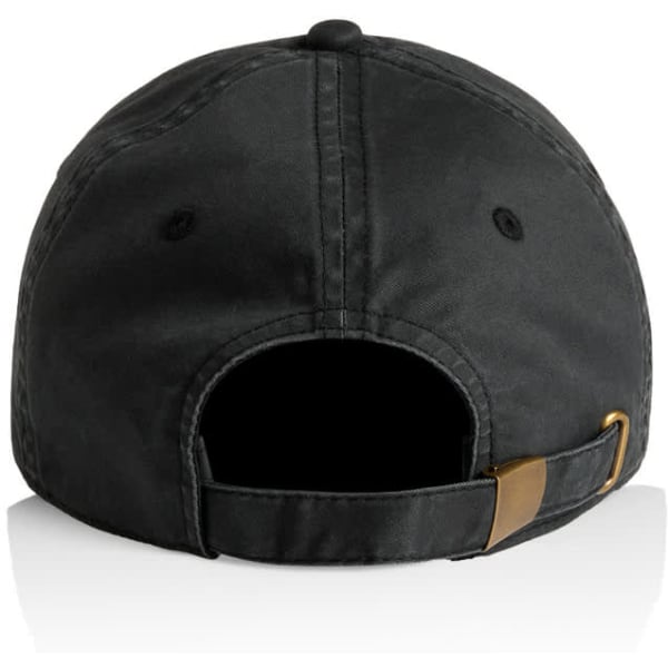 A black cap with a curved brim and an adjustable strap at the back, featuring a logo.