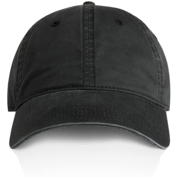 A black cap featuring a structured front panel and a curved brim, with a logo on the side.