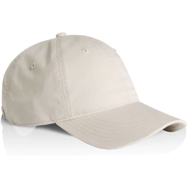A beige cap with a curved brim and a logo on the side. Suitable for headwear promotions.
