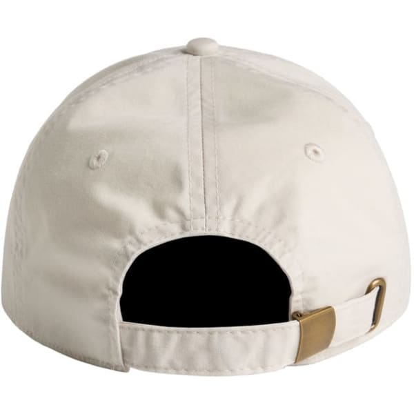 A light beige cap with a back strap and a logo. The design is simple and unstructured.