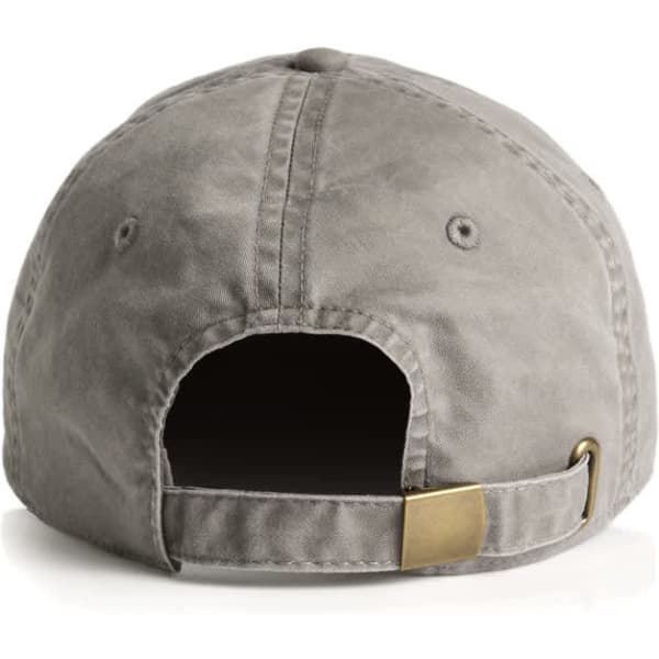 A grey cap with a curved peak and an adjustable strap at the back. It features a logo on the side.