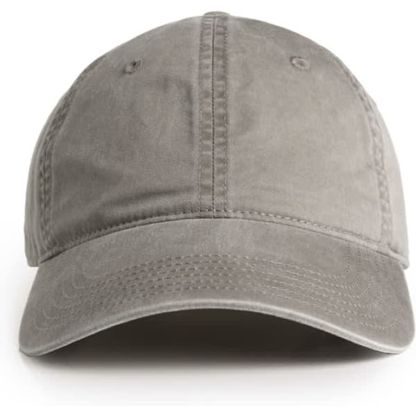 A grey cap with a curved brim and stitched detailing, featuring a logo on the front.