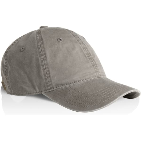 A faded grey cap with a curved brim and an emblem on the side.