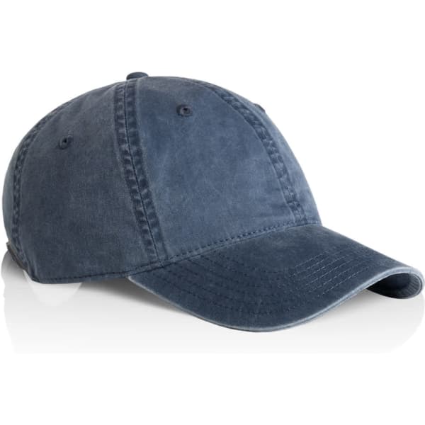 A faded blue cap featuring a rounded crown and a curved brim, with a logo on the side.