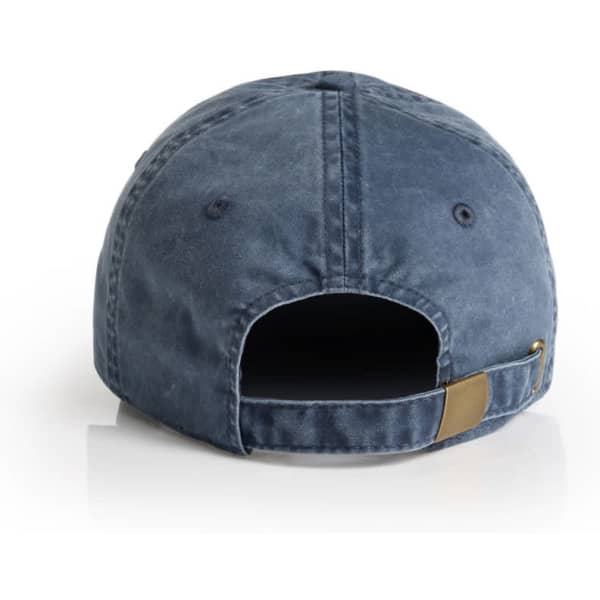 A navy blue cap with a curved brim and an adjustable strap at the back. It features a logo on the side.