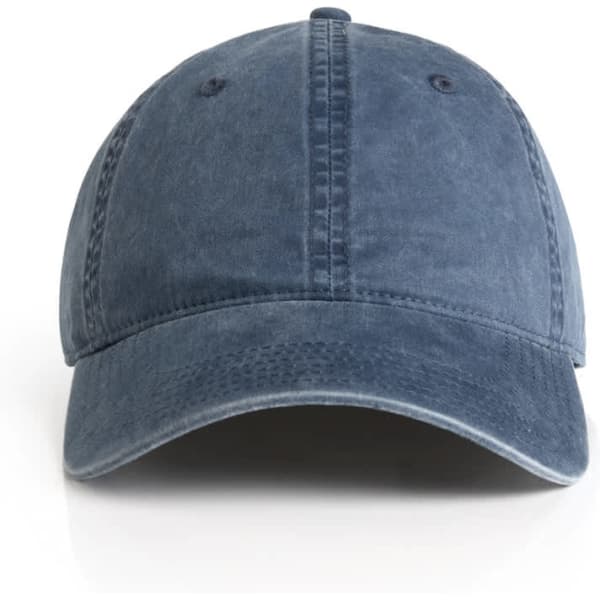 A faded blue cap with a curved brim and an adjustable strap at the back, featuring a logo on the front.