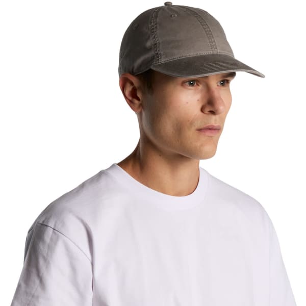 A grey cap accompanied by a plain white t-shirt. The cap features a logo on the front.