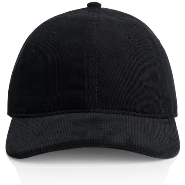A black cap with a curved brim and a rounded top, featuring a logo on the front.