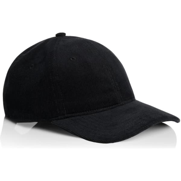 A black cord cap featuring a curved brim and a button on top, with an emblem on the front.