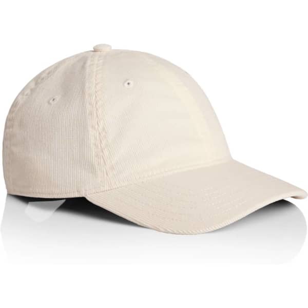 A beige cap with a curved peak and stitched detailing, featuring a logo on the front.