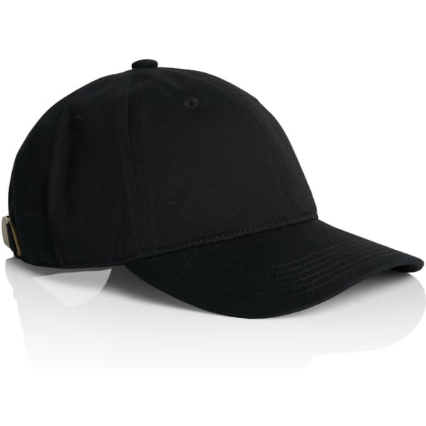 A black cap with a curved brim and an adjustable strap at the back. It features a logo on the side.