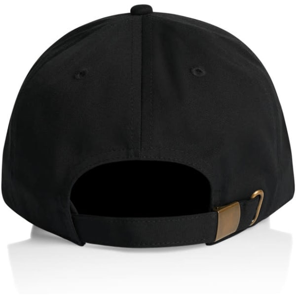 A black cap with a curved brim and an adjustable strap at the back. It features a logo.