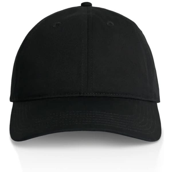 A black cap with a curved brim and adjustable strap at the back, featuring a logo.