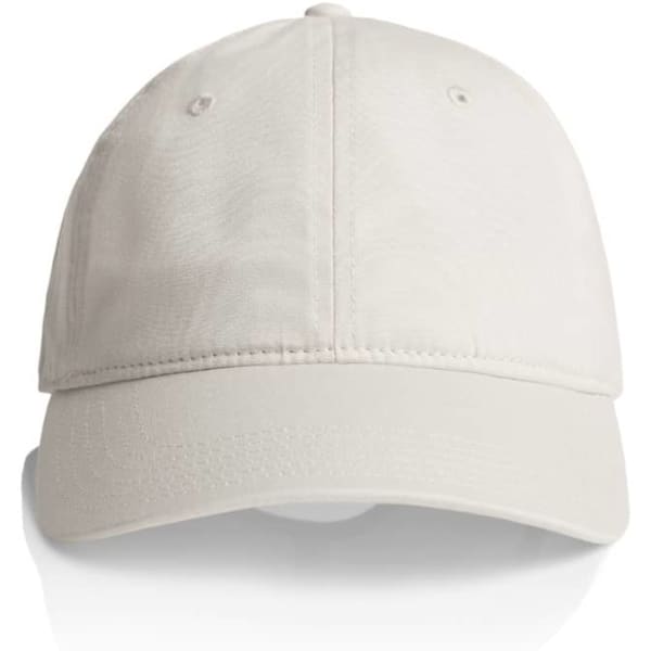 A light-coloured cap with a rounded crown and a curved brim, featuring a logo on the front.
