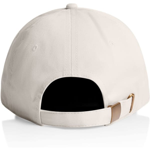 A cream-coloured cap featuring a buckle closure at the back and a logo.