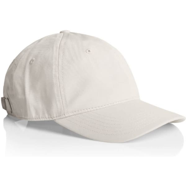 A light-coloured cap with a curved peak and a strap at the back, featuring a logo.