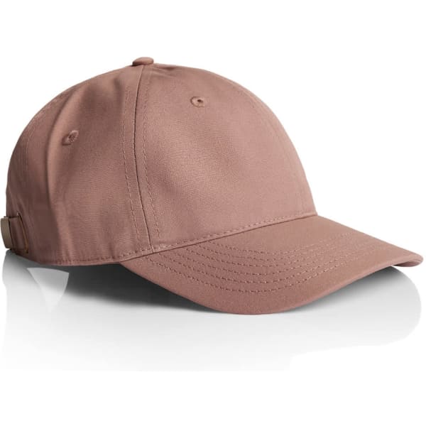 A beige cap with a curved brim and an adjustable strap, featuring a logo on the side.