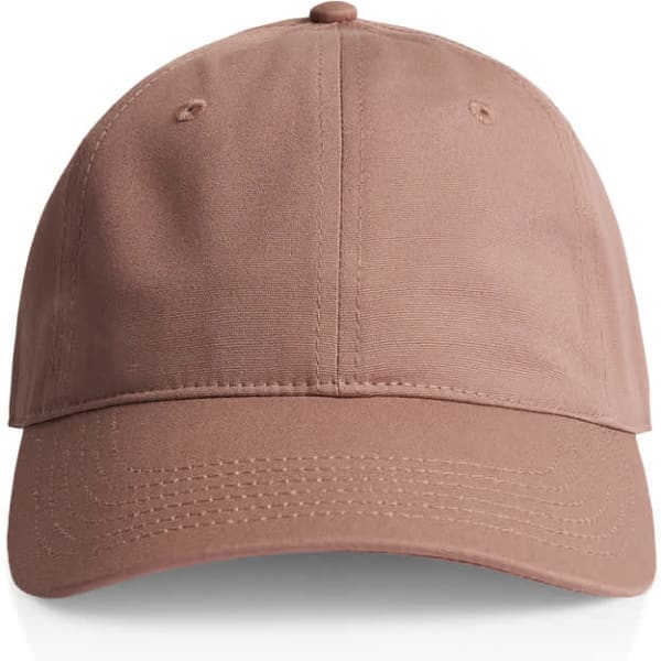 A beige cap with a rounded crown and a curved brim, featuring an unembellished design and a logo.
