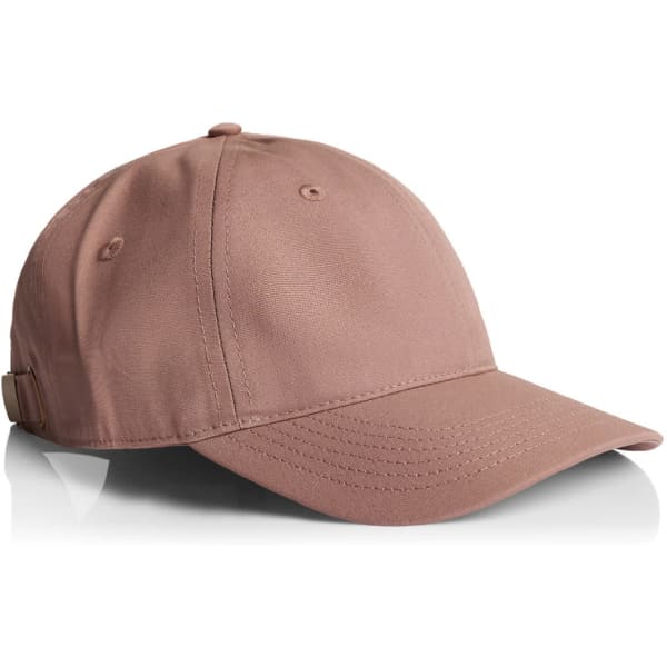 A pink cap with a curved brim and an adjustable strap at the back, featuring a logo.