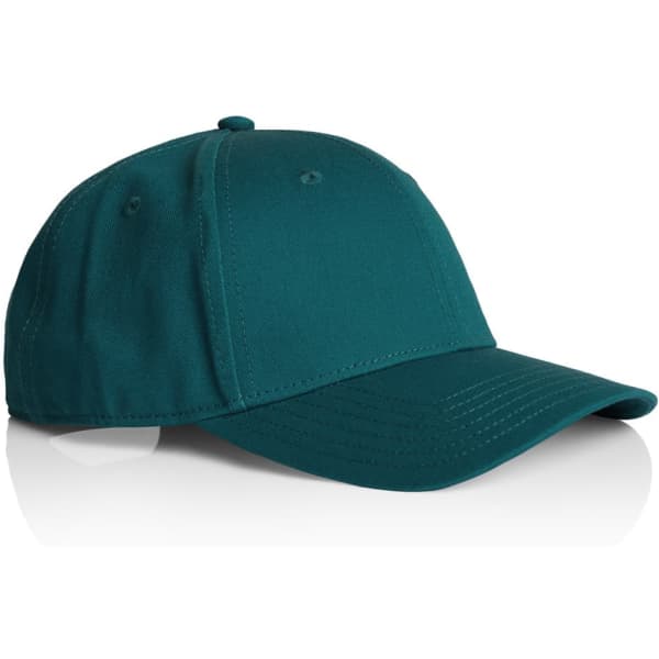 A teal cap with a curved brim and a branding logo on the front. It features stitched detailing and adjustable closure.