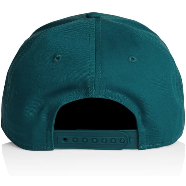 A teal cap with a flat brim and adjustable snapback closure, featuring a branding logo on the back.