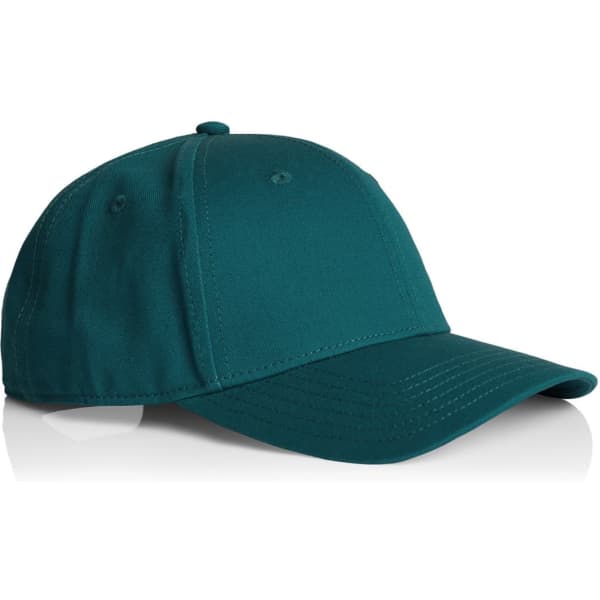 A teal cap with a structured design and a slightly curved brim, featuring a logo on the front.