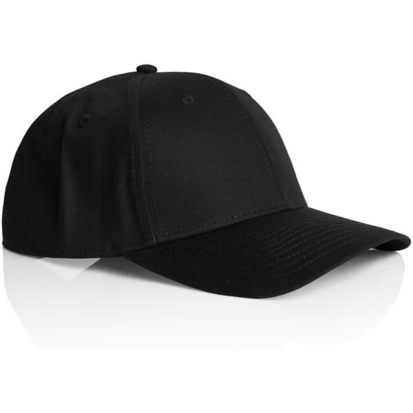 A black cap with a structured design and a curved brim, featuring a logo on the front.