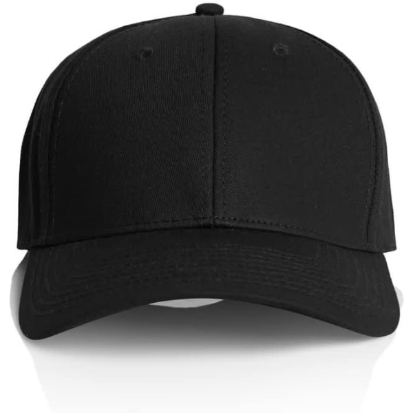 A black cap with a structured front and curved brim, featuring a logo on the front.